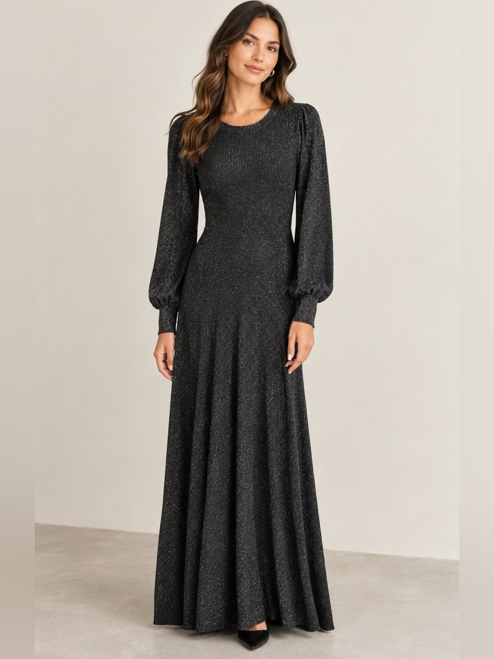 ME+EM Black Long-Sleeve Glitter Maxi Dress, Sz 4
